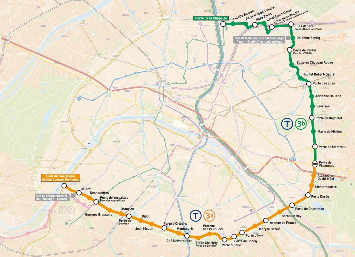 Карта Парыжа трамваі