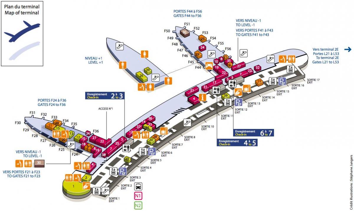 Карта Шарль-дэ-Голь аэрапорт тэрмінал 2Ф